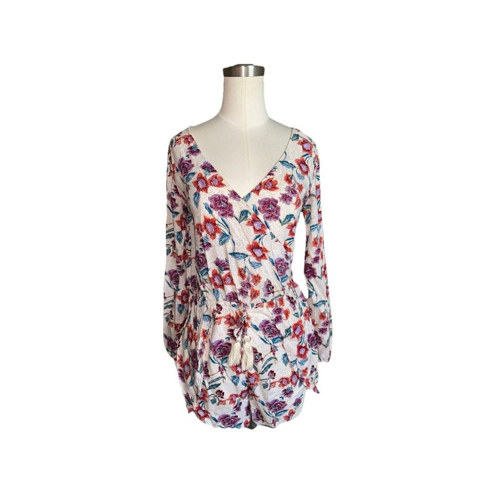 Hollister Boho Floral Romper Shorts Long Sleeve V-Neck Tassel Large